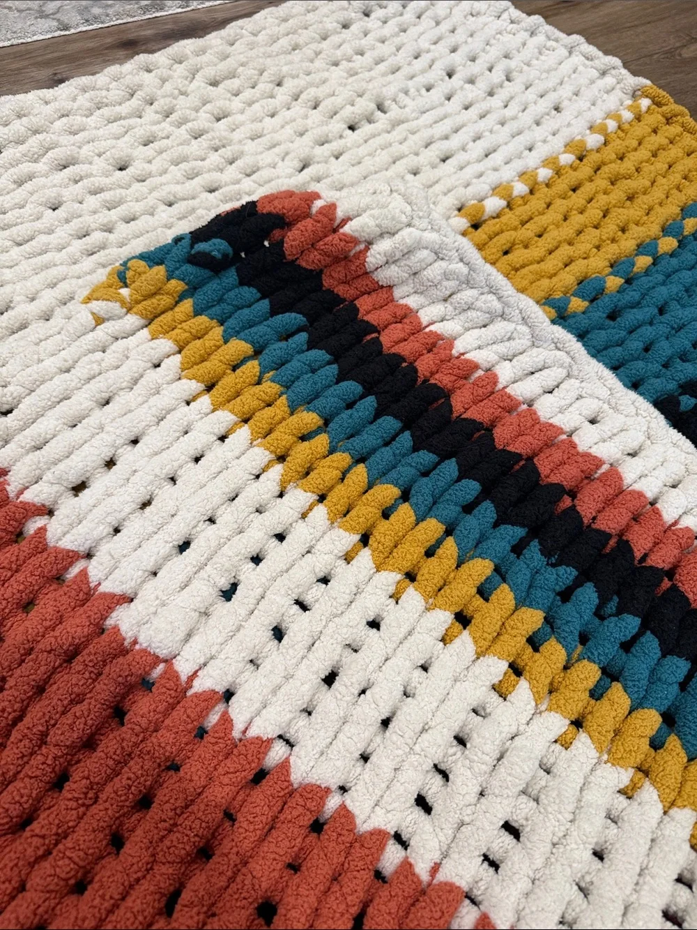 Chunky hand Crochet Stripe Throw in Cream, Mustard, Teal, Black & Rust